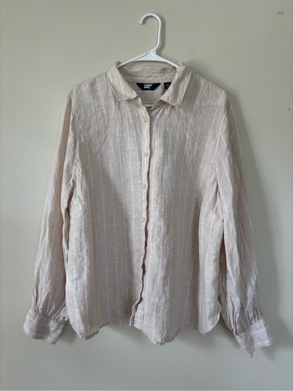 Lands’ End Women’s Button Up Shirt Top Size 1X 16W-18W Striped 100% Linen